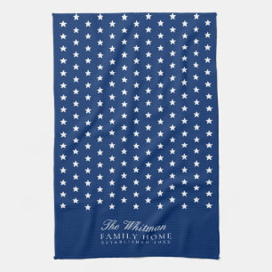 4th of July Family Name Stars Blue Tea Towel