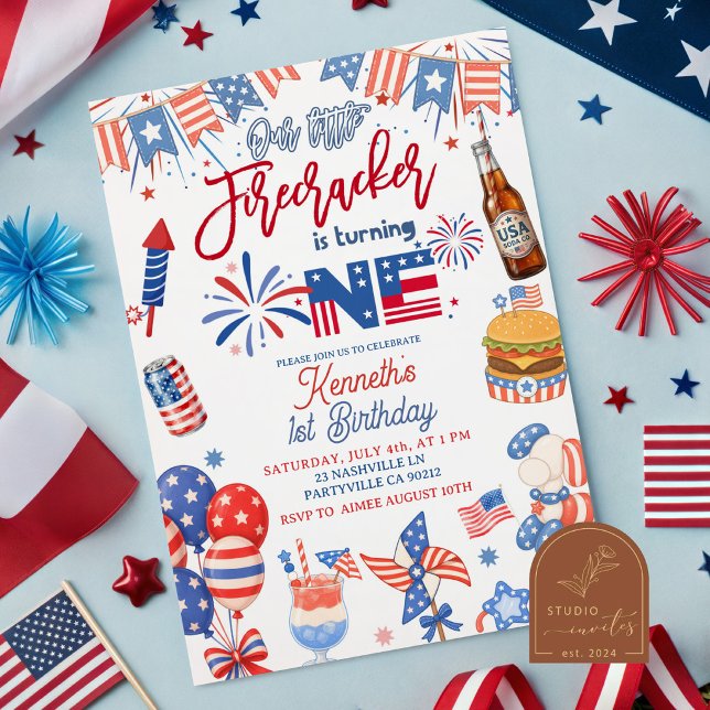 4th of July Firecracker is turning one birthday Invitation (Creator Uploaded)
