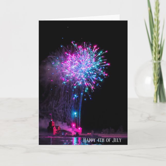 4th of July fireworks and lighthouse Card (Front)