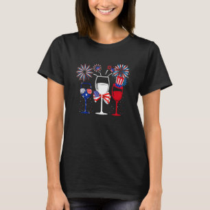 4th Of July Fireworks And Wine Glasses Us Flag T-Shirt