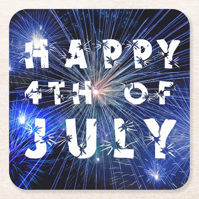 4th of July Fireworks in Blue Hue Party Square Paper Coaster (Front)
