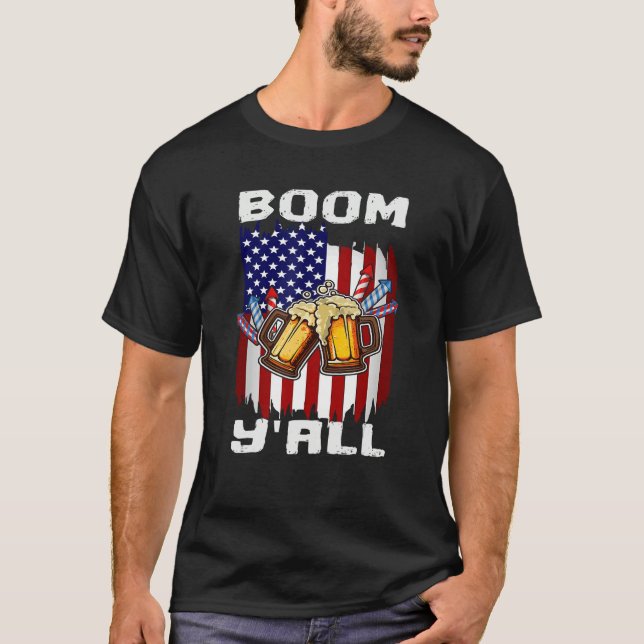 4th Of July Fireworks Party Boom Ya ll US Flag Pat T-Shirt (Front)
