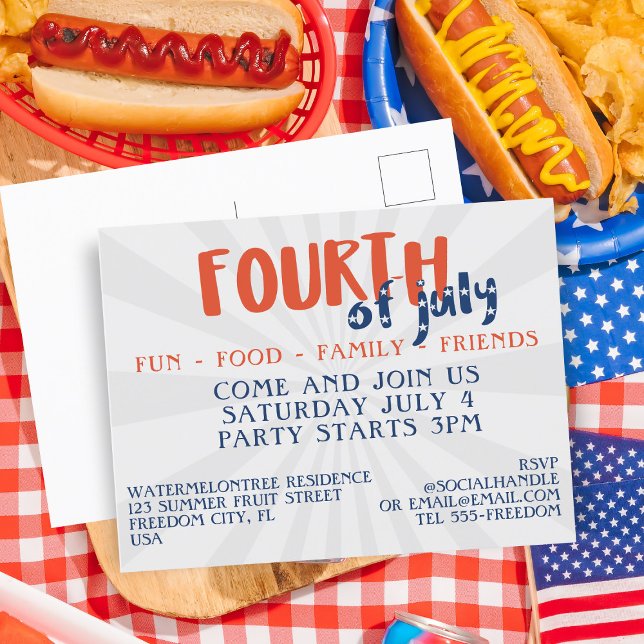 4th of July Fireworks Party Invitation Postcard (Fun, Food, Family & Friends. All the ingredients for a fabulous Fourth. Just add your party details)