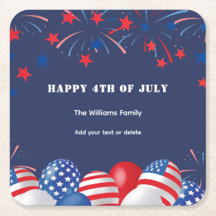 4th of July Fireworks Personalised Party  Square Paper Coaster