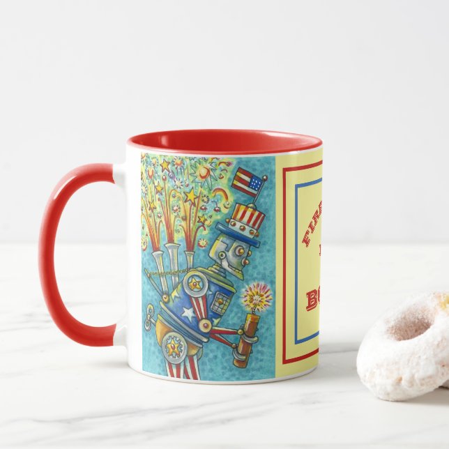 4TH OF JULY FIREWORKS ROBOT, FIRECRACKER STEAMPUNK MUG (With Donut)