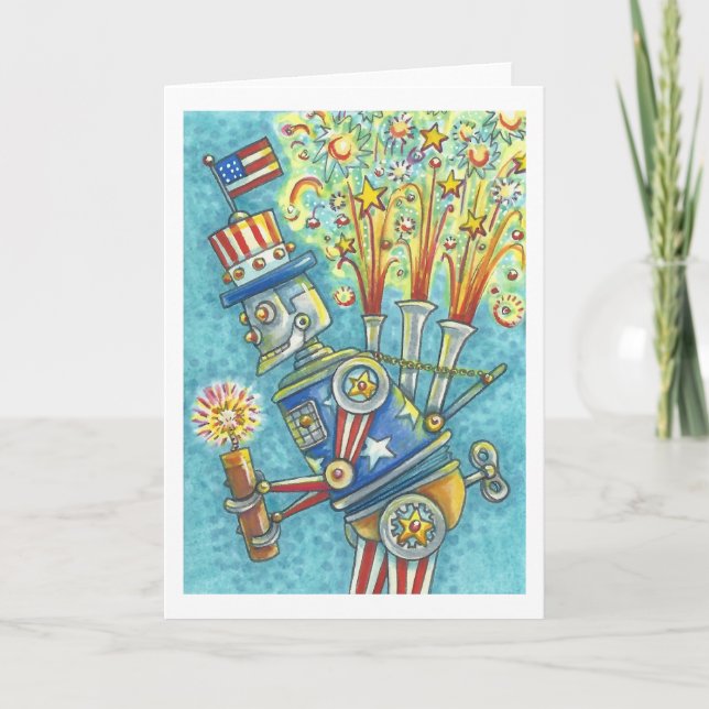 4TH OF JULY FIREWORKS ROBOT GREETING CARD Blank (Front)