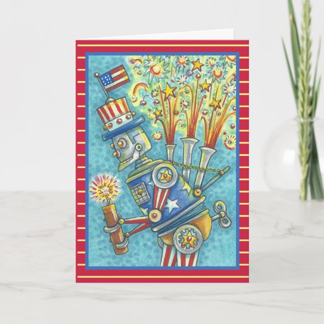 4TH OF JULY FIREWORKS ROBOT GREETING CARD Verse (Front)