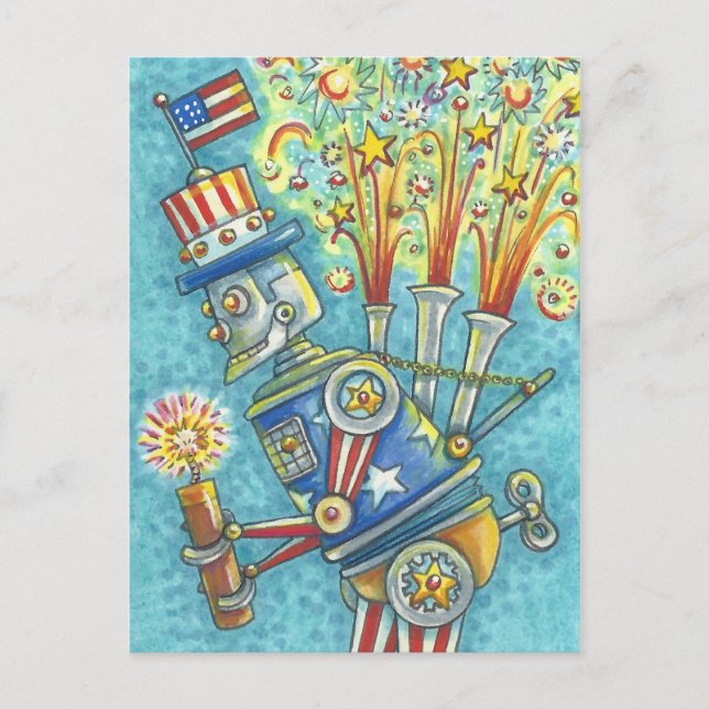 4TH OF JULY FIREWORKS ROBOT, HOLIDAY POSTCARD (Front)
