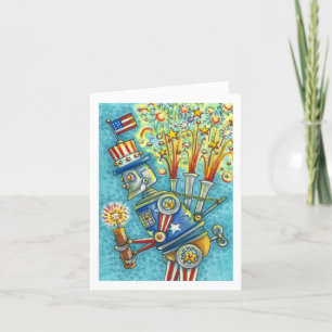 4TH OF JULY FIREWORKS ROBOT, STEAMPUNK HUMOR Blank Card