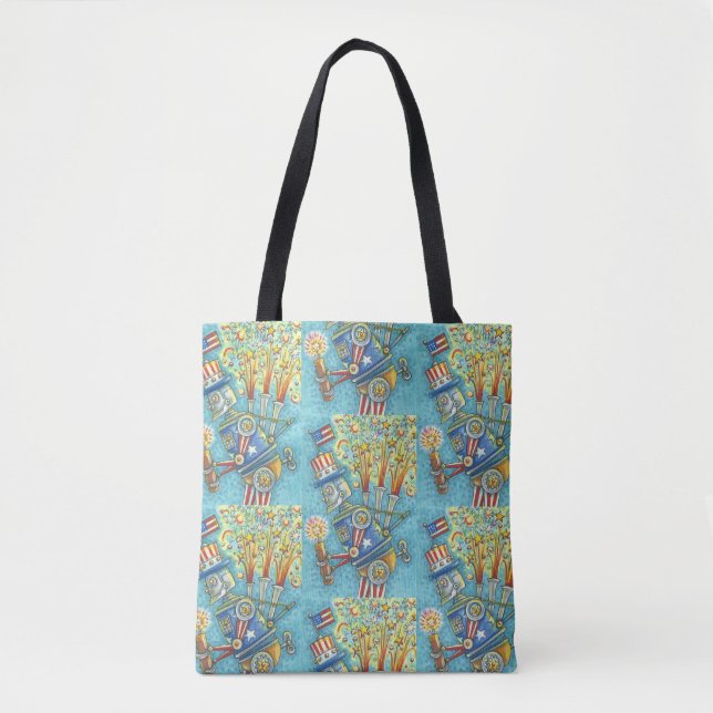 4TH OF JULY FIREWORKS ROBOT, STEAMPUNK TOTE BAG (Front)
