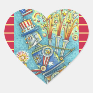 4TH OF JULY FIREWORKS ROBOT STICKERS Heart * Sheet