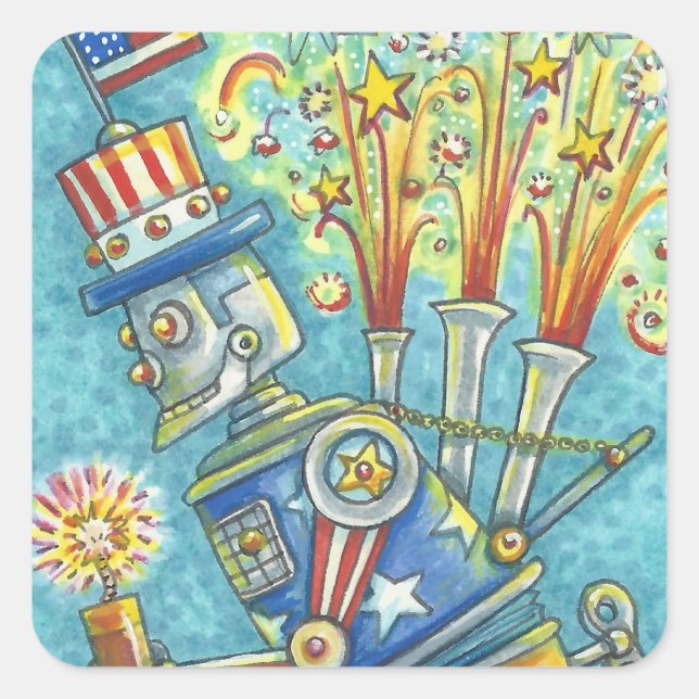4TH OF JULY FIREWORKS ROBOT STICKERS Squ. * Sheet (Front)