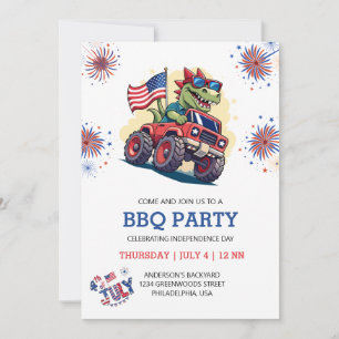 4th of July Fireworks T-Rex America Flag BBQ Party Invitation