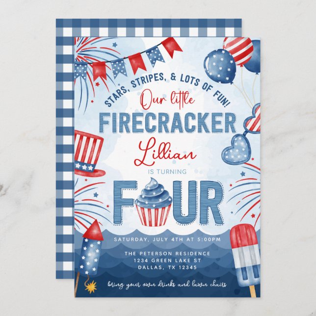 4th of July Fireworks Turning FOUR Birthday Party Invitation (Front/Back)