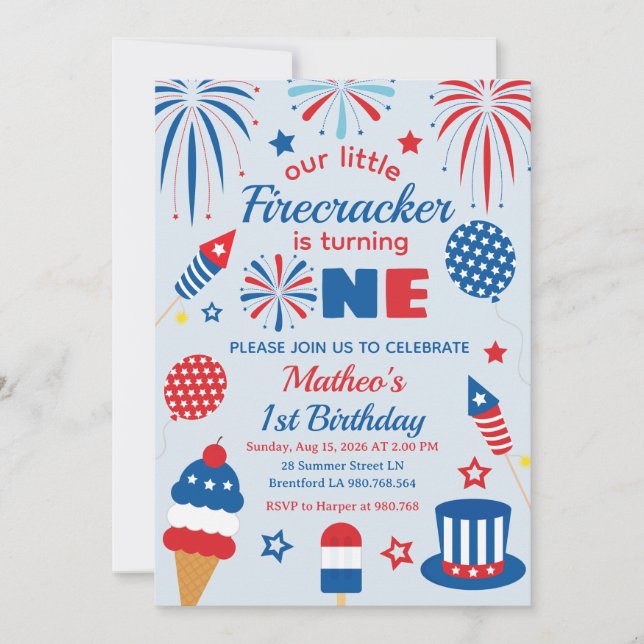 4th of July First Birthday Firecracker Invitation (Front)