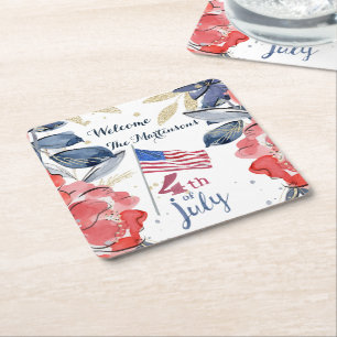4th of July Flag Personalised Stylish    Square Paper Coaster