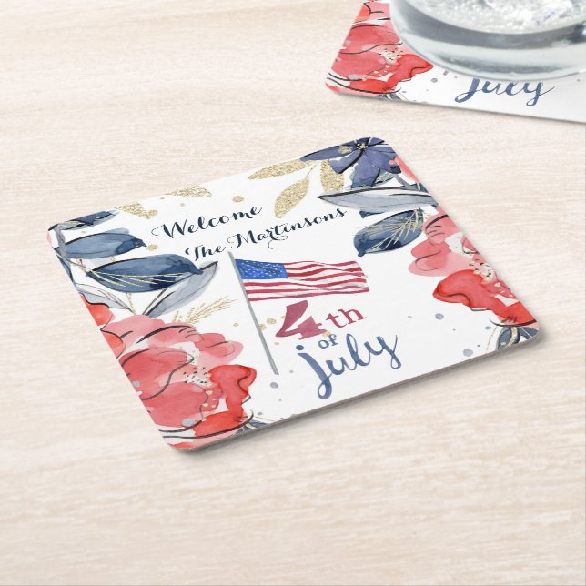 4th of July Flag Personalised Stylish    Square Paper Coaster (Angled)