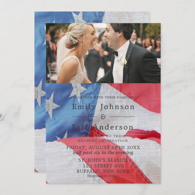 4th Of July Flag Photo Wedding Invitation (Front/Back)