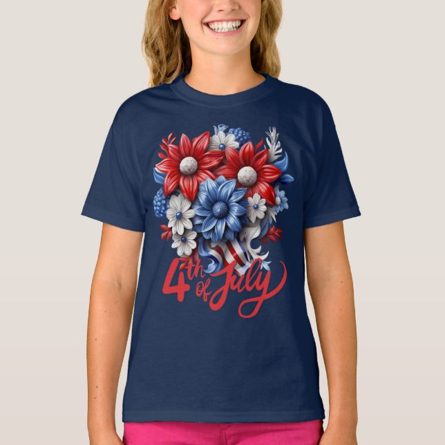 4th of July Flowers in Red White & Blue Patriotic T-Shirt (Front)