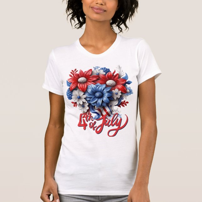 4th of July Flowers in Red White & Blue Patriotic T-Shirt (Front)