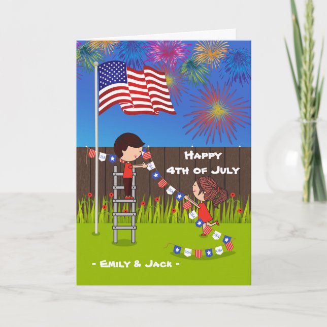 4th of July for Couple Putting Up Decorations Card (Front)