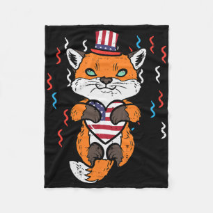 4th Of July Fox American Flag Heart Patriotic Kids Fleece Blanket
