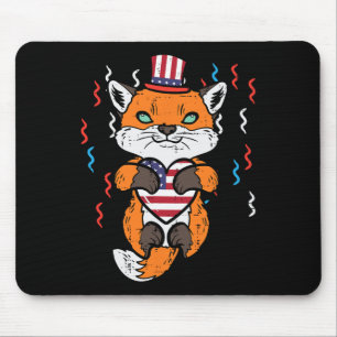 4th Of July Fox American Flag Heart Patriotic Kids Mouse Pad