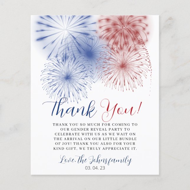 4th of July Gender Reveal Thank you card. (Front)