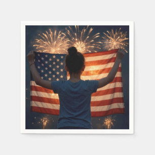 4th of July Girl With Flag and Fireworks Napkin