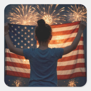 4th of July Girl With Flag and Fireworks Square Sticker