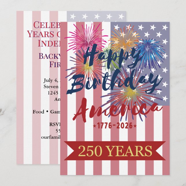 4th of July Happy Birthday America USA 250th Invitation (Front/Back)