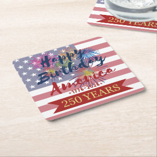 4th of July Happy Birthday America USA 250th Square Paper Coaster