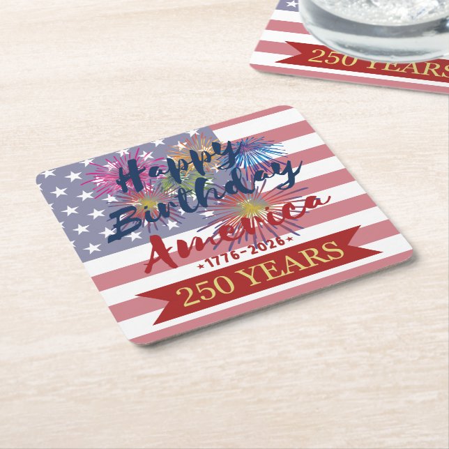 4th of July Happy Birthday America USA 250th Square Paper Coaster (Angled)