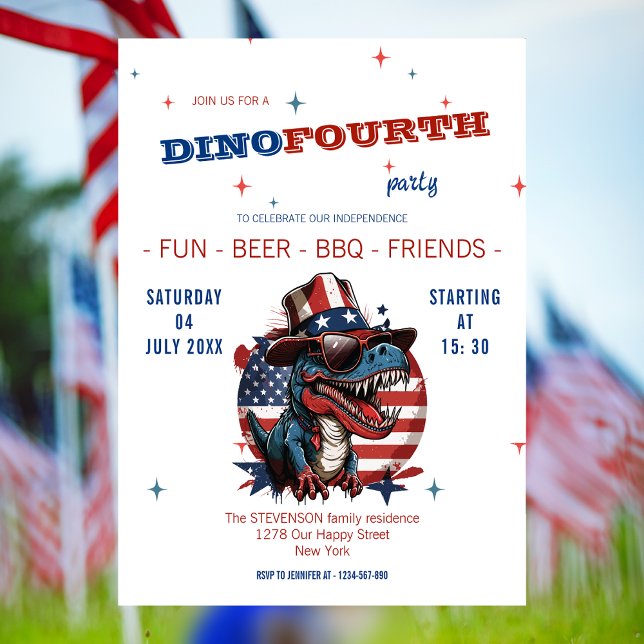 4TH of July happy Dinosaur with hat and glasses Invitation (Creator Uploaded)