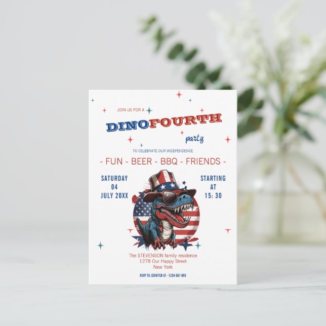 4TH of July happy Dinosaur with hat and glasses Postcard (Standing Front)