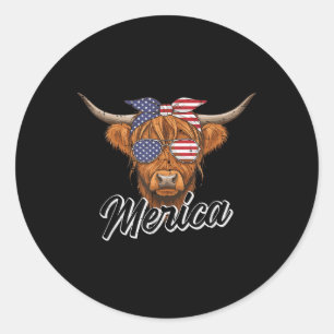 4th Of July Highland Cow Merica American Farm Men Classic Round Sticker
