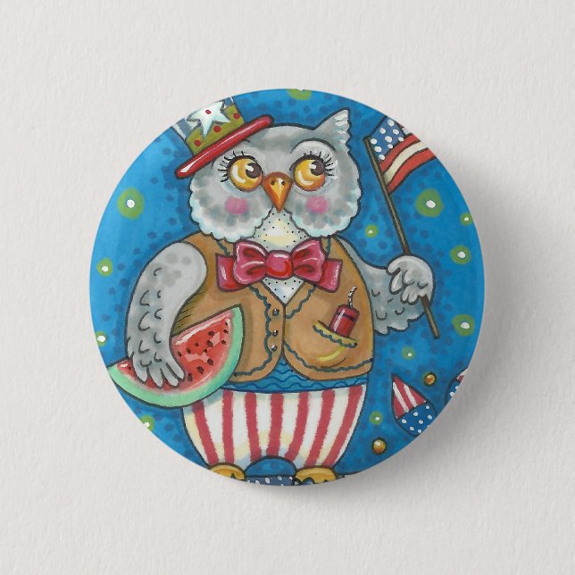 4TH OF JULY HOOT OWL, BIRD BUTTON Round (Front)