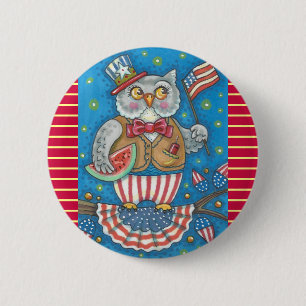 4TH OF JULY HOOT OWL, BIRD BUTTON Round