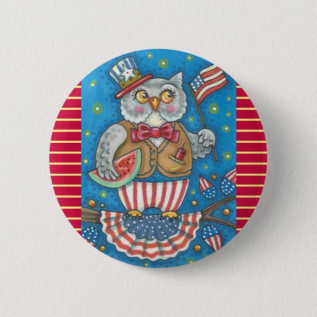 4TH OF JULY HOOT OWL, BIRD BUTTON Round (Front)