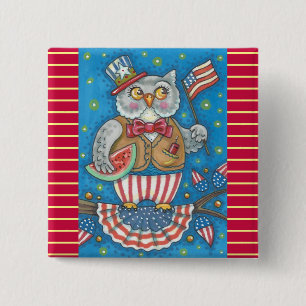 4TH OF JULY HOOT OWL, BIRD BUTTON Square