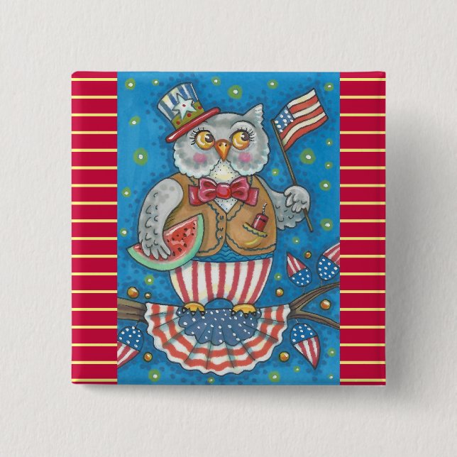 4TH OF JULY HOOT OWL, BIRD BUTTON Square (Front)