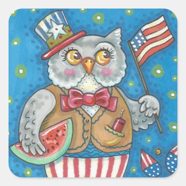 4TH OF JULY  HOOT OWL, BIRD STICKERS Square *Sheet (Front)