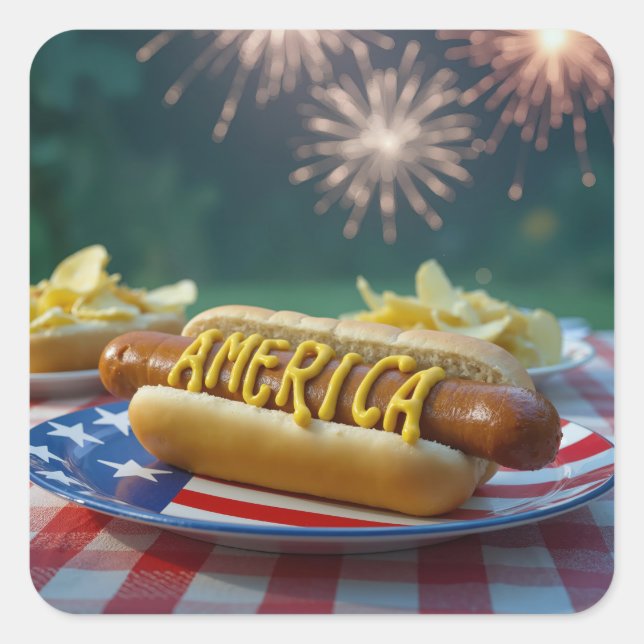4th of July Hot Dog and Fireworks Square Sticker (Front)