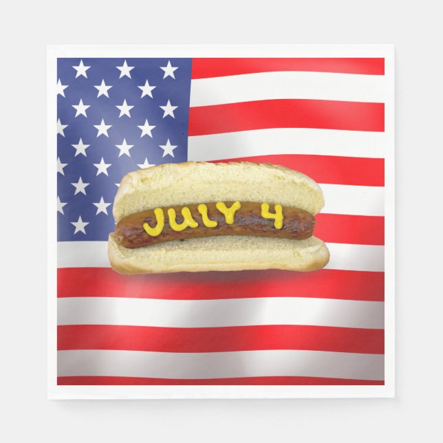 4th Of July Hot Dog On American Flag Napkin (Front)