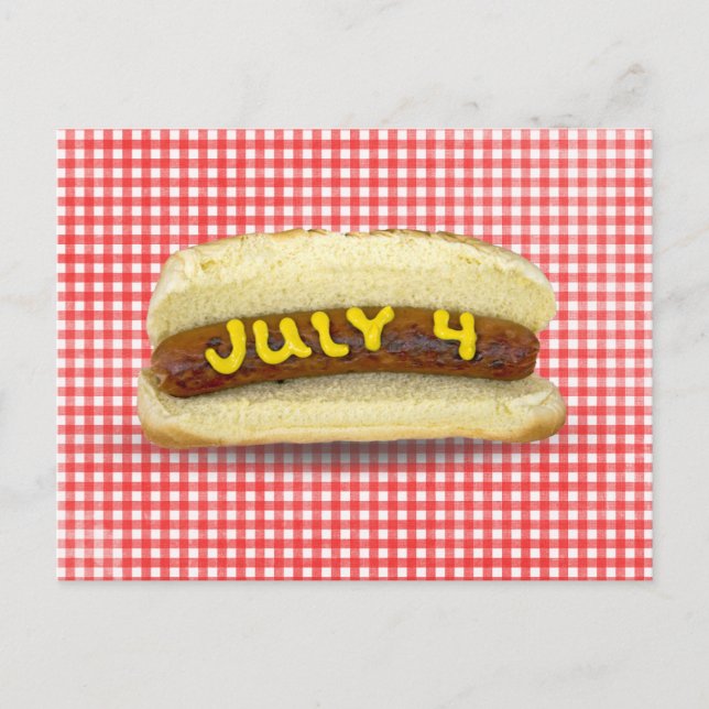 4th Of July Hot Dog on Gingham  Postcard (Front)