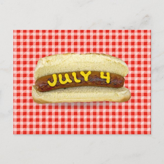 4th Of July Hot Dog on Red Gingham  Postcard (Front)