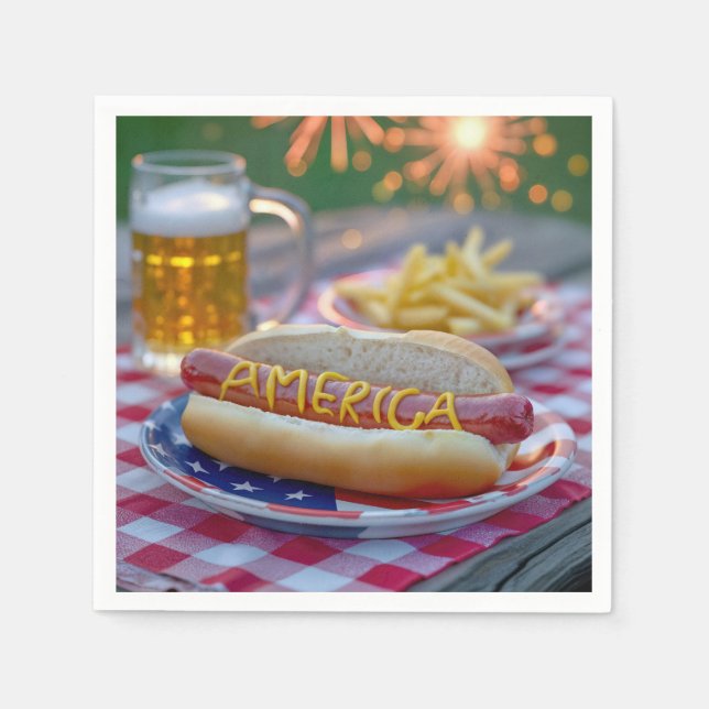 4th of July Hot Dog With Beer and Fries Napkin (Front)