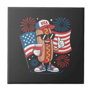 4th Of July Hotdog American Flag Patriotic Firewor Ceramic Tile