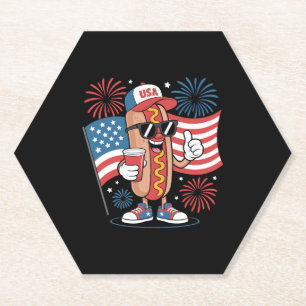 4th Of July Hotdog American Flag Patriotic Firewor Paper Coaster