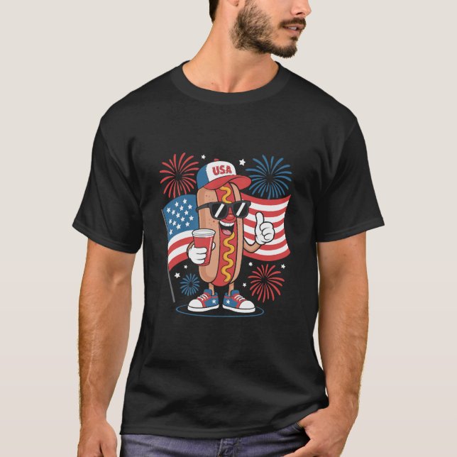 4th Of July Hotdog American Flag Patriotic Firewor T-Shirt (Front)